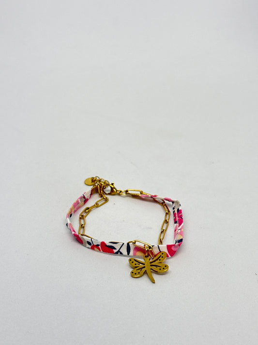 Bracelet tissu libellule rose