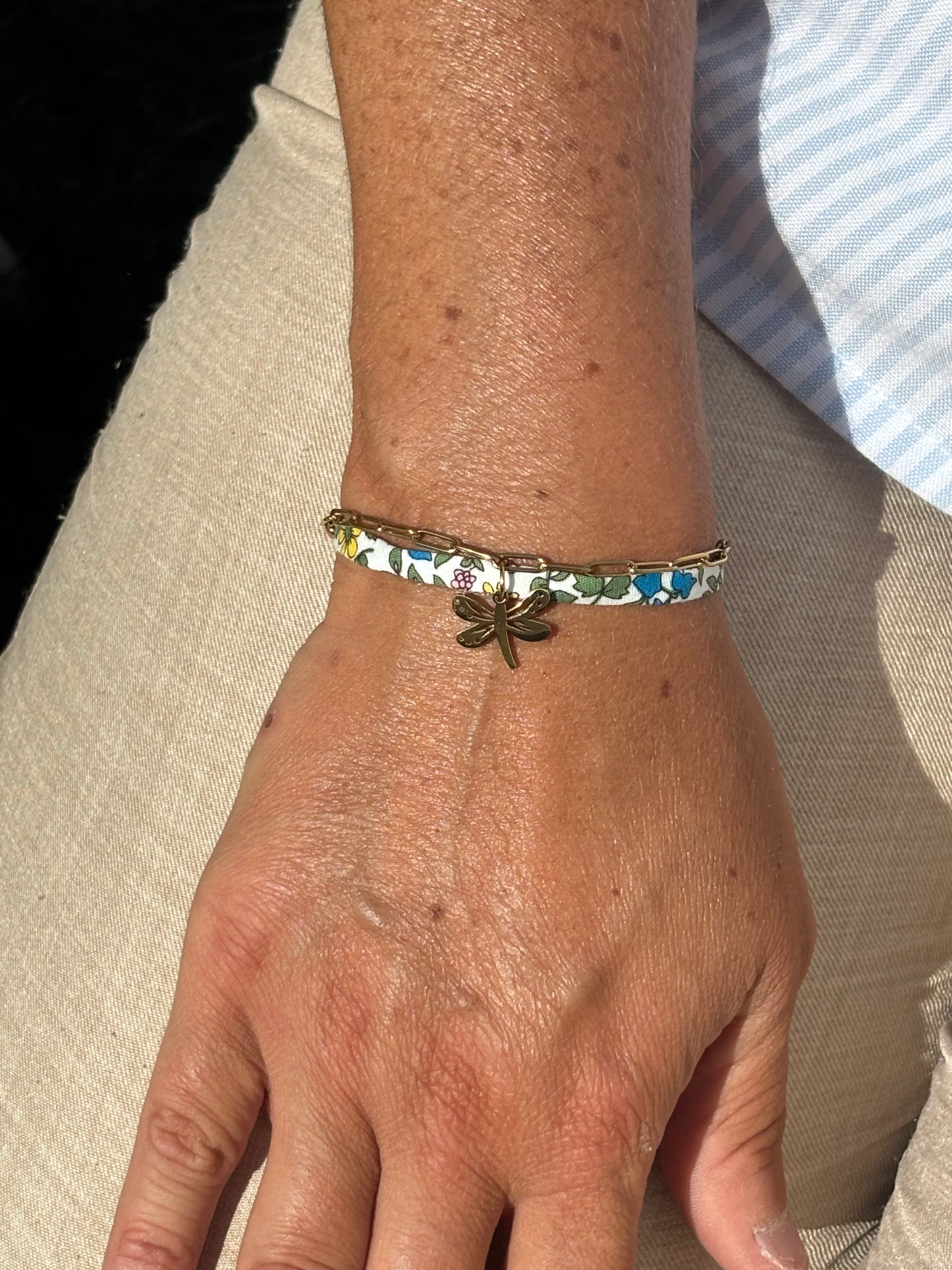 Bracelet tissu libellule vert