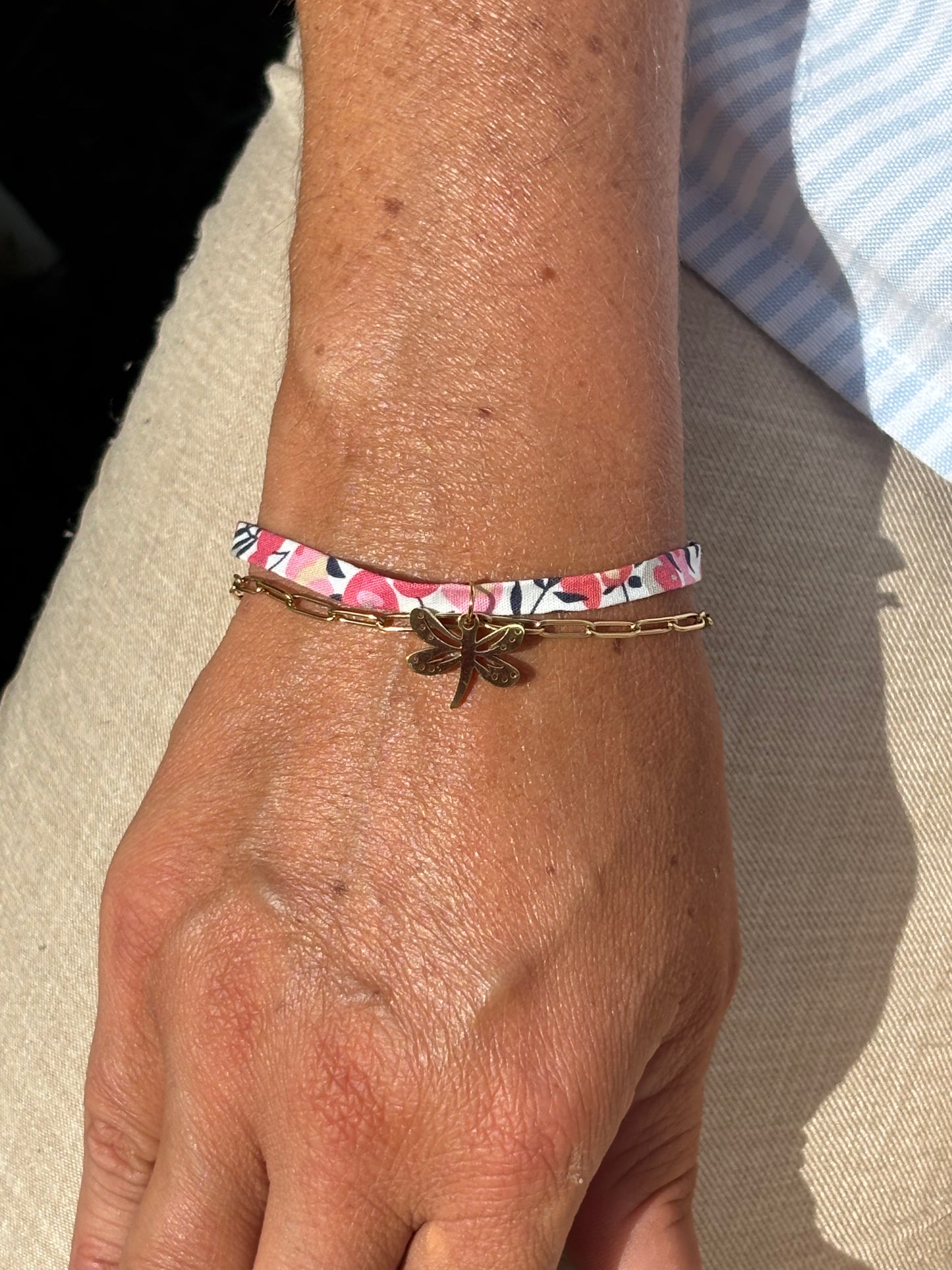 Bracelet tissu libellule rose