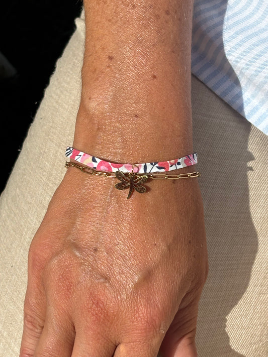 Bracelet tissu libellule rose
